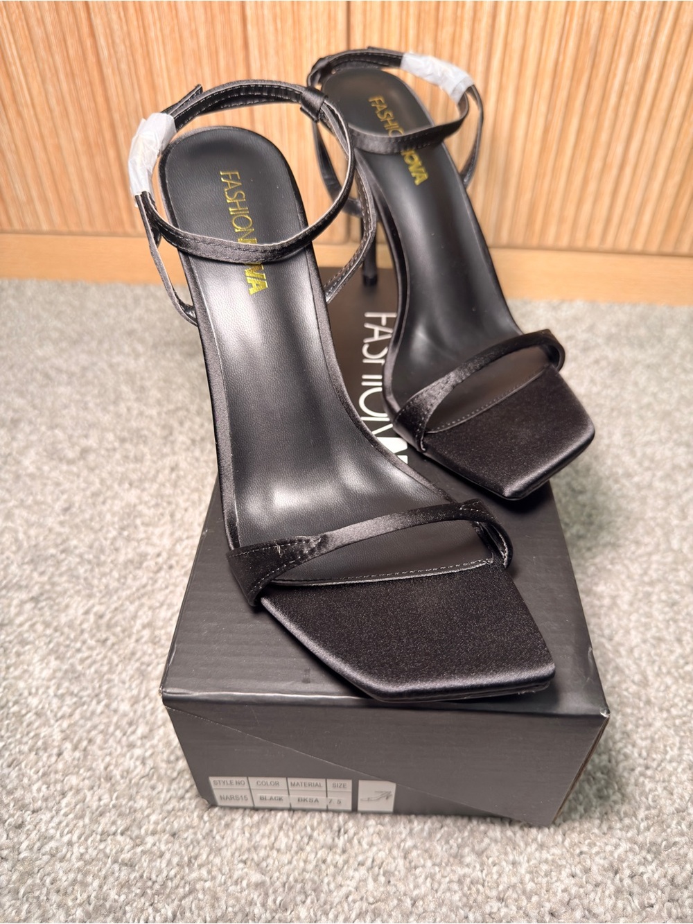 Fashion Nova Black Satin Strappy Square-Toe Heels